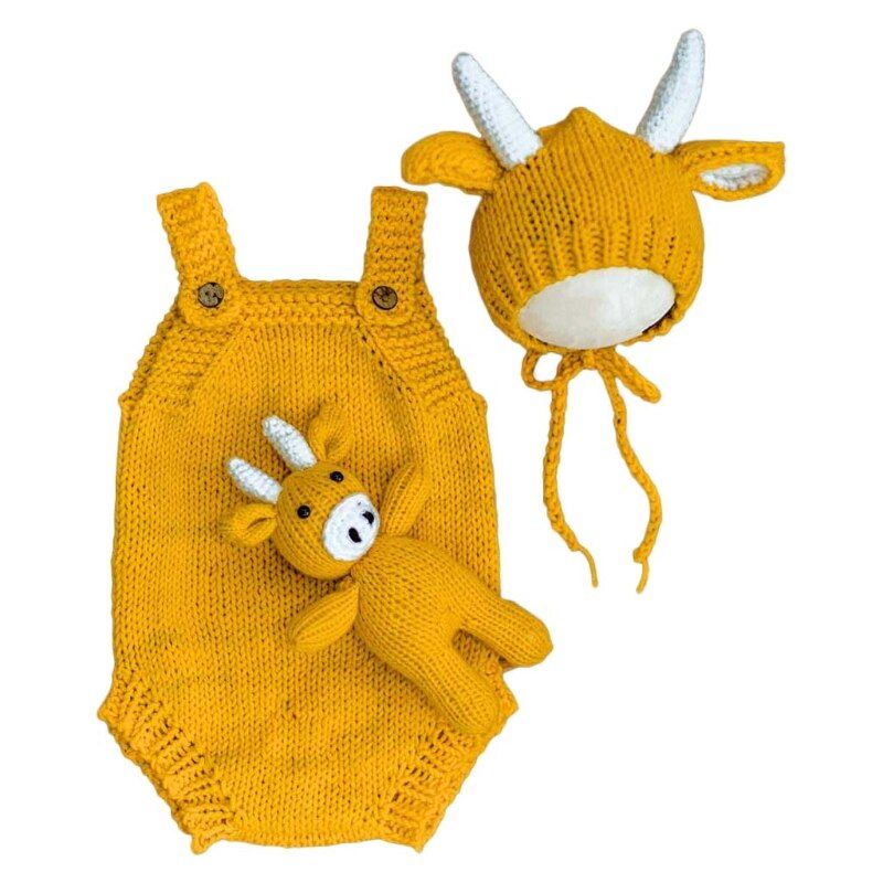 Chapeau De Poupée Tricoté Pour Nouveau-Né, Tenue De Vache Jaune, Ensemble D'Accessoires De Photographie Pour Bébé, Vêtements De Photographie Pour Nouveau-Né, 3 Pièces