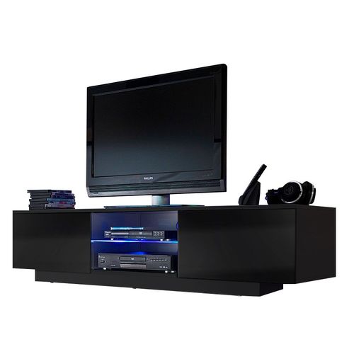 Meuble Led Suspendu Ou Posé Tv Giorgio Noir Mat Et Noir Laqué 160 Cm