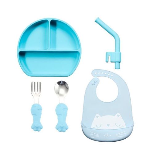 Vaisselle En Silicone Pour Bébé, 5 Pièces, Vaisselle D'Alimentation Pour Bébé, Ustensiles De Cuisine Avec Cuillère Fourchette Sourire Assiette Visage Bavoir Paille