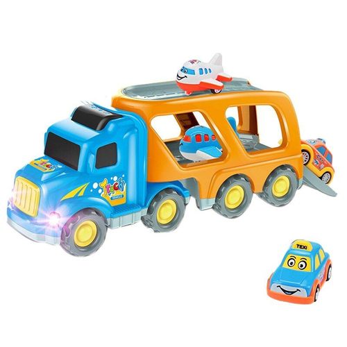 Transporteur De Voiture À Friction, Camion De Transport De Ville, Véhicules De Dessin Animé, Avec Sons Et Lumière Flash, Push Go, Taxi Et Avion