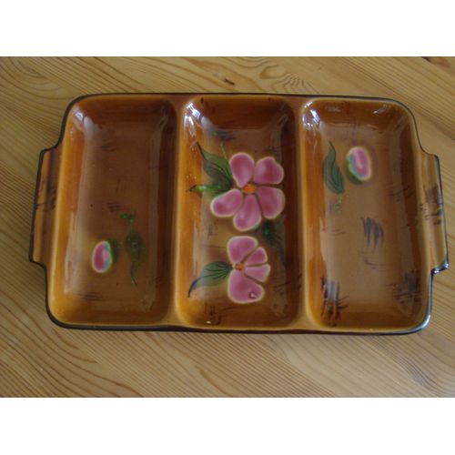 Plateau À Crudités Ou Apéritif - 3 Compartiments - Motif Fleurs Incrusté
