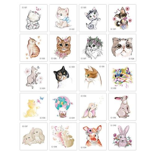 Tatouages À L'Aquarelle Pour Enfants, 20 Pièces, Art Corporel, Animaux, Chat, Autocollant Temporaire, Transfert D'Eau À La Main, Pour Filles