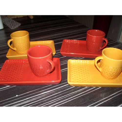 Service À Café 4 Tasses Et Grandes Sous Tasses Rouge Et Ocre Neuf