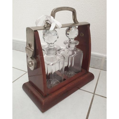 Service À Alcool En Cristal Avec Serrure - 2 Bouteilles - Socle Et Contour En Bois Rustique