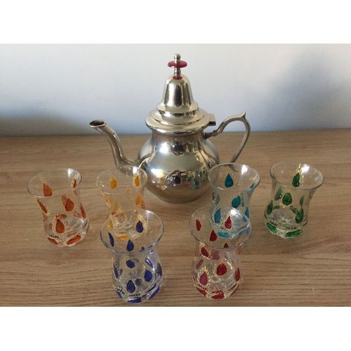 Service A Thé Oriental Maghreb Théière + 6 Verres Décorés Maroc Tunisie