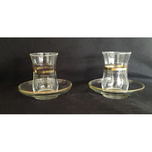 Vintage Lot De Verres À Thé Marocain Avec Soucoupe Décorées De Liserés Dorés