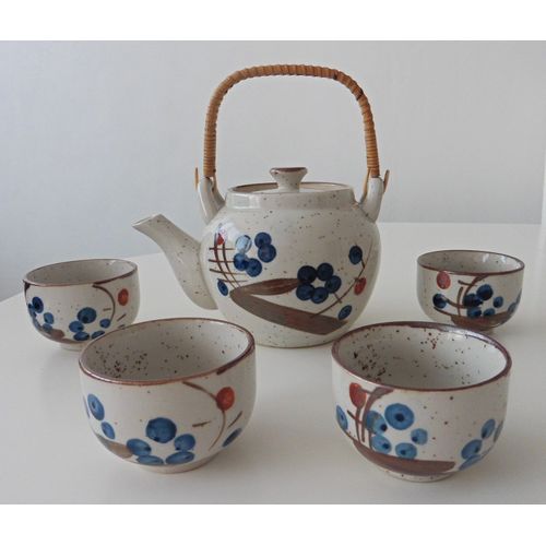 Service À Thé. Théière + 4 Tasses. Gris, Marron, Rouge, Bleu. Porcelaine. 800 Ml