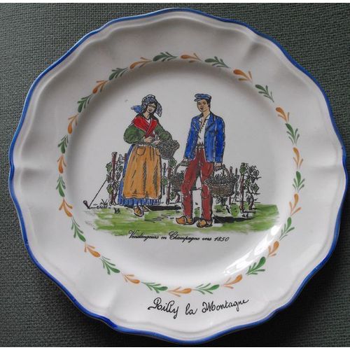 Assiette Faïence "Vendangeurs En Champagne Vers 1850" Signée Giberot - Sarreguemines