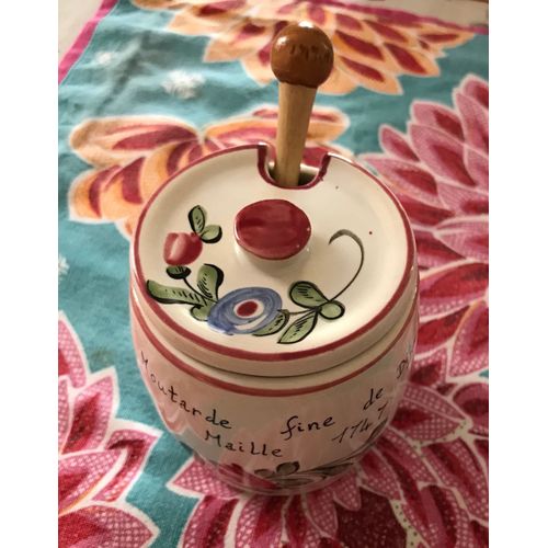 Pot À Moutarde En Faience Blanche Peinte À La Main Moutarde Fine De Dijon Maille 1747 Avec Cuillère En Bois D'olivier