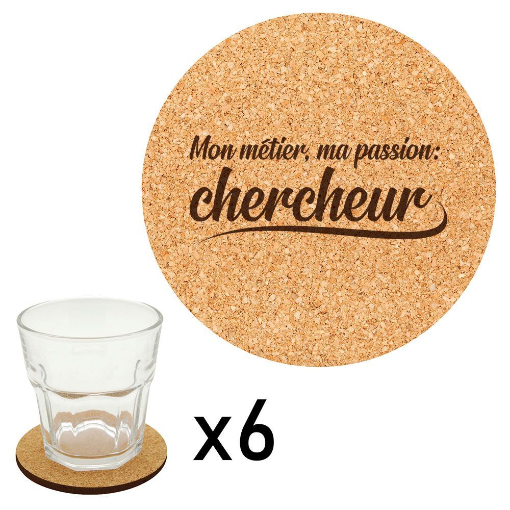 Lot De 6 Dessous De Verre En Liège Gravés Métier Passion Chercheur