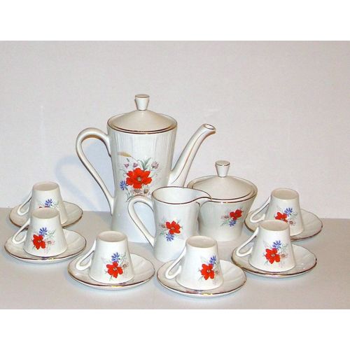 Service A Cafe Vintage Motif Coquelicot Bleuet Et Marguerite À Liseret Or Avec Verseuse Pot A Lait 6 Tasses Et Sous Tasses Et Sucrier L Amandinoise