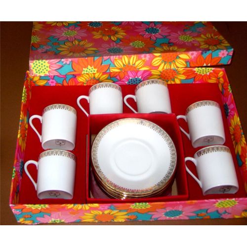 Service A Cafe Ou Thé Porcelaine Blanche Fine J . B . France  Blanc 6 Tasses 6 Soucoupes Decor De Style Or Fin Dorure En Incrustation En Coffret