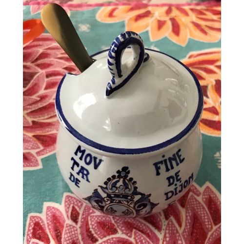 Pot À Moutarde En Faience Blanche Signée Avec Décors Bleus Fine De Dijon Avec Cuillère En Corne