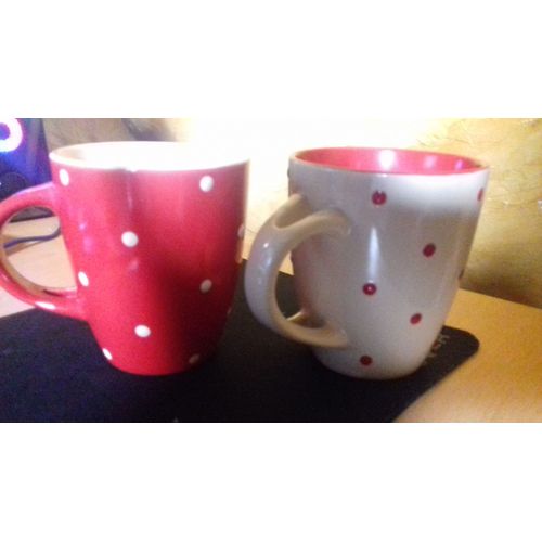 Duo Tasses À Café, Anses Cuillère Rouge Et Blanche À Petit Pois