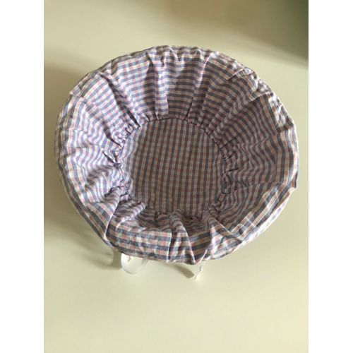 Corbeille Ronde En Osier Marron Diamètre 20 Cm Avec Garniture En Tissu Coton Vichy Rose Et Bleu Ciel