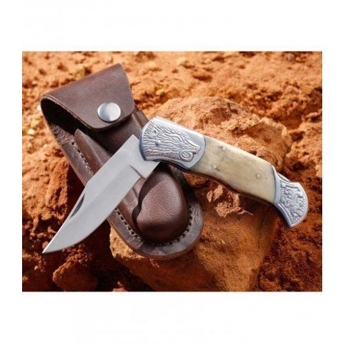 Couteau Ciselé Manche Os + Etui Cuir (Neuf)
