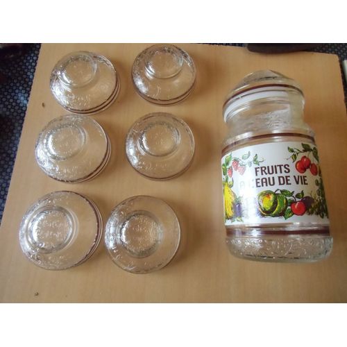 Service Vintage Fruits À L' Eau De Vie Bocal Peint Et 7 Coupelles Dont Une Utilisée Comme Couvercle Pour Le Bocal