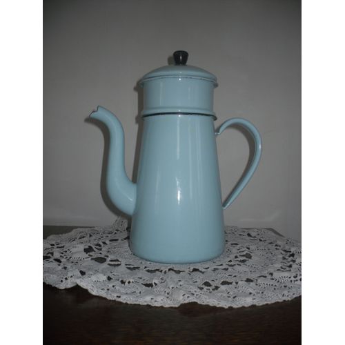 Superbe Cafetière Vintage En Tole Émaillée Bleue