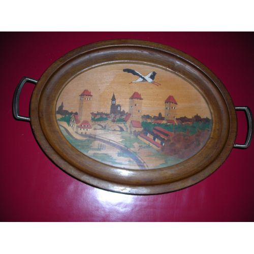 Plateau Ancien En Bois Et Peinture Sous Verre