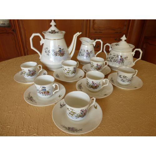 Service À Café Porcelaine Années 30 Motifs Enfants Et Hirondelles.