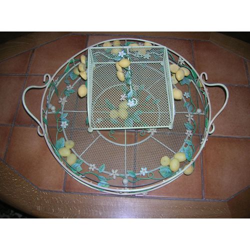 Plateau Métal Et Verre Décotation Citrons + Porte Lettres Diamètre 39 Cm.