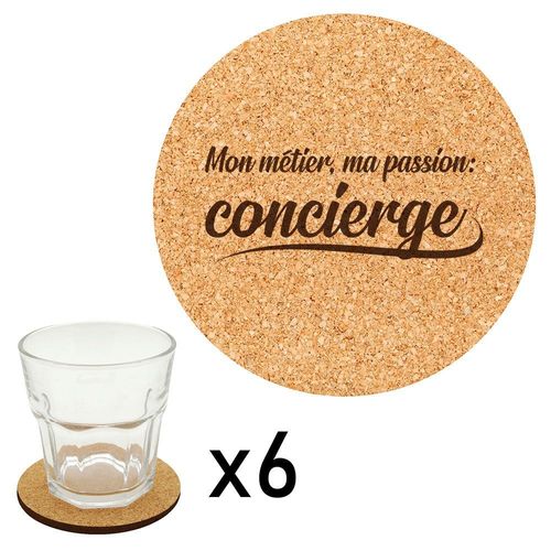 Lot De 6 Dessous De Verre En Liège Gravés Métier Passion Concierge