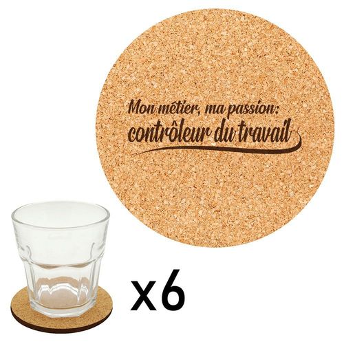 Lot De 6 Dessous De Verre En Liège Gravés Métier Passion Contrôleur Du Travail