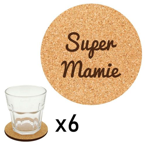 Lot De 6 Dessous De Verre En Liège Gravés Super Mamie