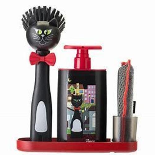 Set Ou Ensemble Vaisselle 3 Pièces : Brosse Distributeur De Liquide Et Eponge Vigar Modèle Chat Felix Noir Et Rouge