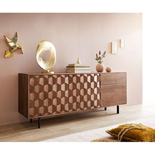 Commode Fevo Acacia Marron 175 Cm 2 Portes 3 Tiroirs Buffet ? Pieds-L