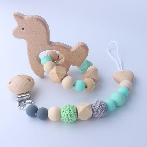 Ensemble De Jouet De Dentition En Hêtre Pour Bébé, Perles En Silicone De Qualité Alimentaire, Attache-Tétine À Chaîne Pour Nouveau-Né, Garçon Et Fille