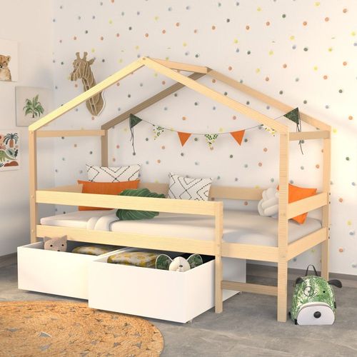 Lit Cabane Mika 90x190 + Sommier + 2 Tiroirs / Naturel & Blanc/ 199x95x165