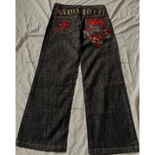 High Street Retro Stars Furred Jeans Pour Hommes,Y2k Goth,Harajuku Fashion,Taille Haute,Po Gy Jeans,Casual Straight Leg,Wide-Leg Pants