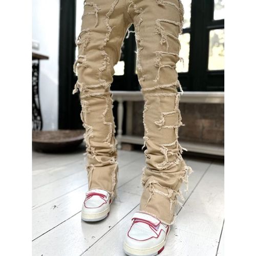 Jean Skinny Hip-Hop À Franges Pour Hommes,Bord Brut,Patch Élastique,Punk Rock,Coupe Couvertes Longue,Jean Empilé,Pantalon En Denim,Bleu,Rose,Streetwear