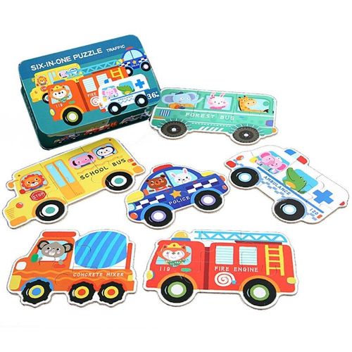 Boîte de Puzzle en bois dessin animé, Puzzle de coupe 3D, 5 thèmes Tangram pour les tout-petits, planche éducative préscolaire occupée 6 pièces