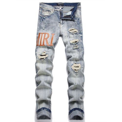 Jean Déchiré Bleu Vintage Pour Hommes,Pantalon Décontracté,Taille Moyenne,Imprimé Lettre,Mode Commandée,Tenue Tendance De La Rue