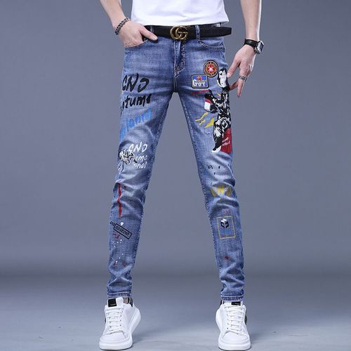 Jeans College À La Mode Pour Hommes,Marque Coréenne,Motif D'insigne De Broderie,Américains Déchirée,Petits Pieds,Adolescents,Pantalon Crayon Cowboy