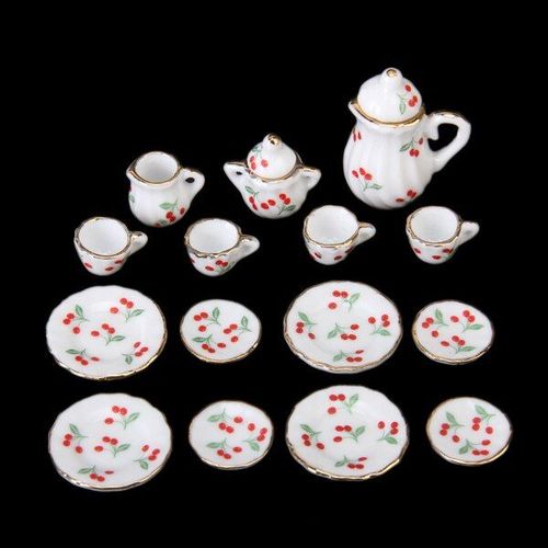 Service À Thé En Porcelaine, 15 Pièces, Échelle 1/12, Miniature, Cerise Rouge, Vaisselle, Tasse, Assiette, Jouets De Jeu Pour Enfants