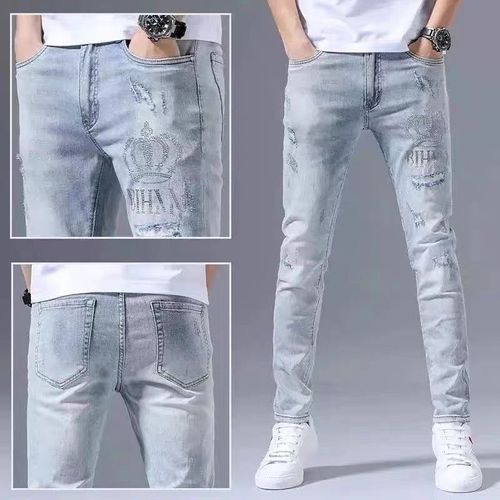 Jean Déchiré En Denim Bleu Pour Homme,Pantalon Long Polyvalent,Slim,Perceuse À Chaud,Broderie,Mode Printemps Automne 2022