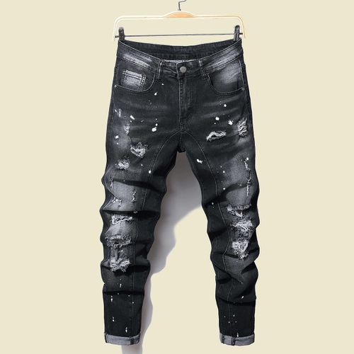 Jean Denim Noir Pour Homme,Coupe Slim,Stretch,Déchiré,Streetwear,Décontracté