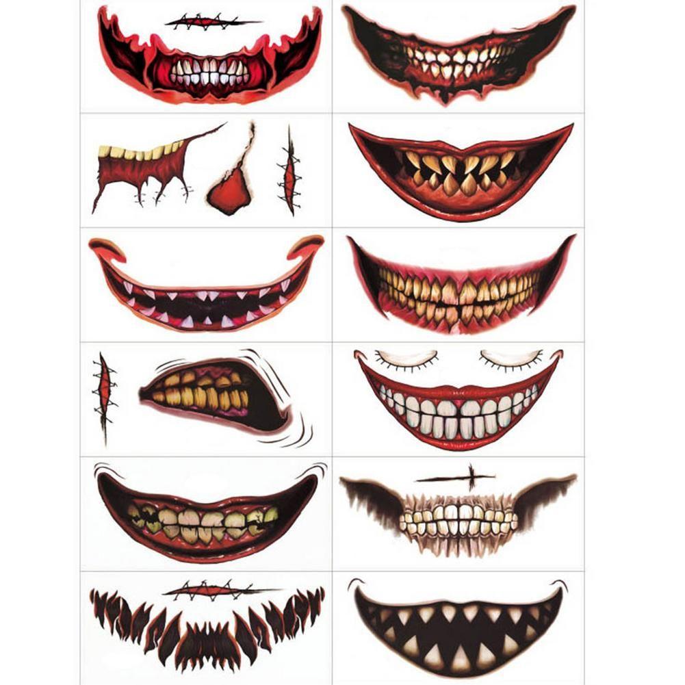 Autocollants de tatouage Halloween, 12 pièces, bouche de Clown