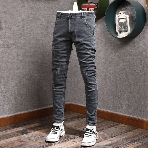 Jean Déchiré Et Artificiel Astique Pour Homme,Pantalon Crayon En Denim,Style Rétro,Gris,Fjvintage,Décontracté,À La Mode