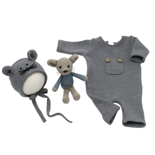 Combinaison Tricotée En Coton Pour Nouveau-Né,Ensemble D'Accessoires De Photographie, Bonnet En Souris, Pour Séances Photo, Vêtements Poupée 3 Pièces,