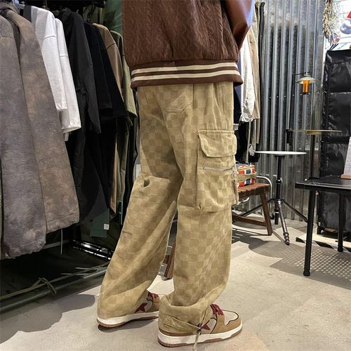 Jean Échiquier Japonais À Jambes Larges Pour Homme,Vêtement De Rue,Style Hip Hop,Rouge Et Noir,À La Mode