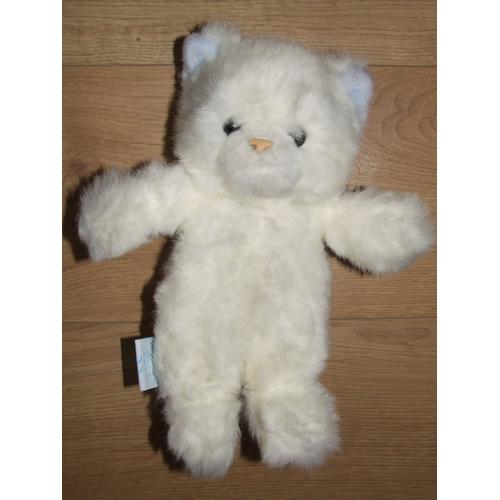 Chat Blanc Nounours Oreilles Bleu Peluche 28 Cm