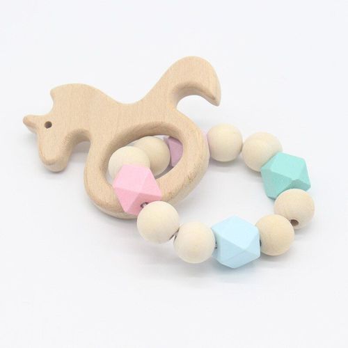 Bracelet De Dentition Pour Bébé, 1 Pièce, Mignon Licorne, Jouet En Hêtre, Couleur Unie, Perles En Silicone