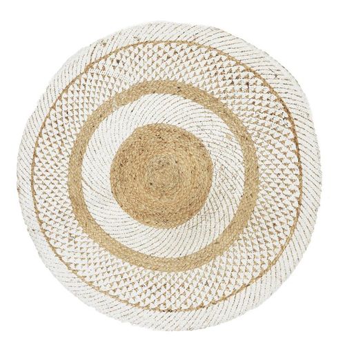 Tapis Rond En Jute Nude - Imprimé Blanc - Diamètre 90 Cm