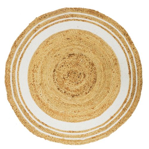 Tapis Rond En Jute Et Coton - Imprimé Blanc - Diamètre 90 Cm