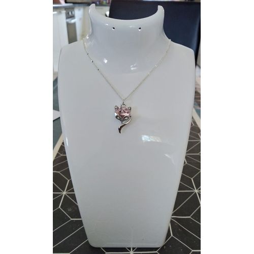 Collier Petit Renard Argente Strass Rose