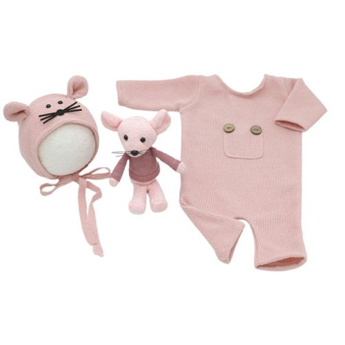 Combinaison Tricotée En Coton Pour Nouveau-Né,Ensemble D'Accessoires De Photographie, Bonnet En Souris, Pour Séances Photo, Vêtements Poupée 3 Pièces,